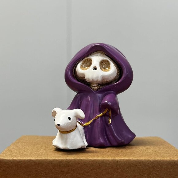 Adorable Skull Grim Reaper Statue with Walking Dog Ghost Statue - Picture 1 of 6